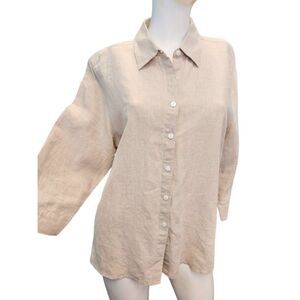 Statements Linen Button Down Shirt Womens Oatmeal 3/4 Sleeve Top Blouse size 14